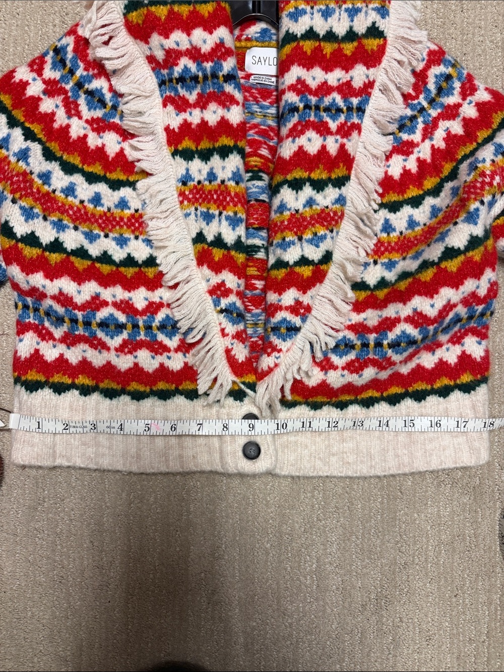 SAYLOR Red, Blue & Green Fair Isle Fringe Cardigan - Picture 10 of 10